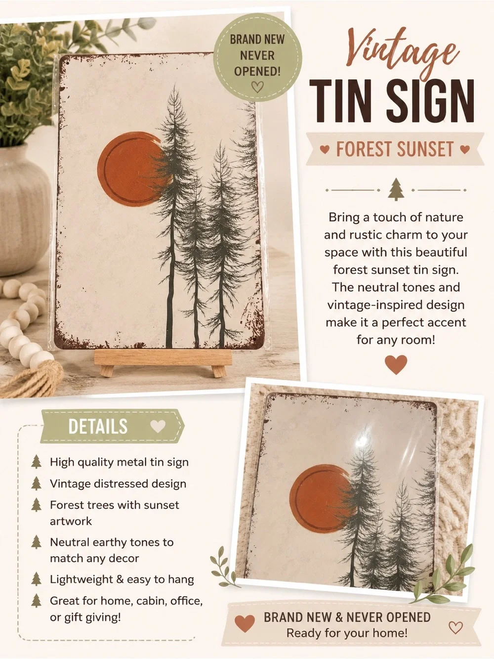 Tin Sign Vintage Forest Sunset Cream & Rust Orange